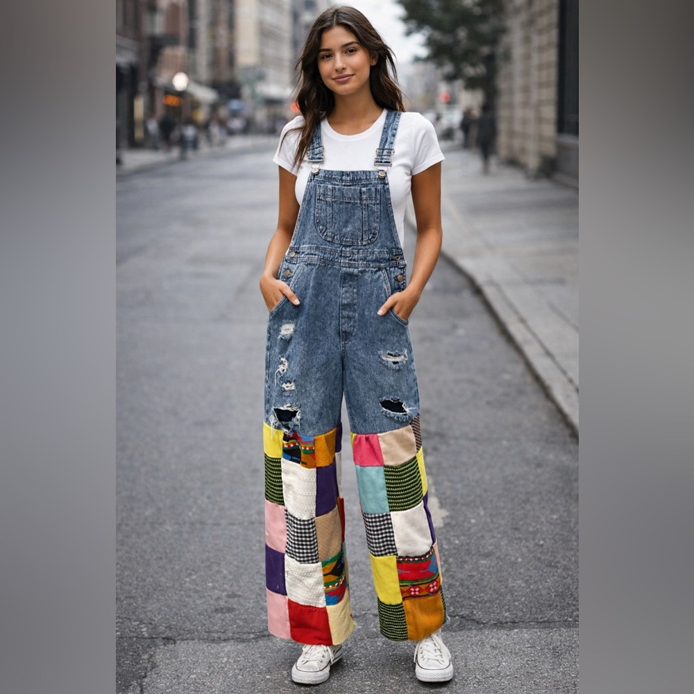 Upcycled Overalls w/patchwork bottoms. - image 1